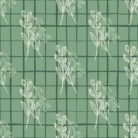 Herbal hand drawn sealess pattern with white flowers. Black check on pastel green background. vector