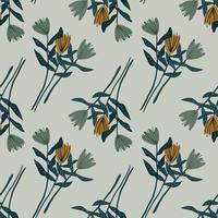 Seamless pale pattern with contoured abstract tulip bouquets. Botanic ornament in green and stone tones. Dark pastel grey background. vector