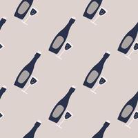 Pale seamless doodle wine elements pattern. Grey background with navy blue bottle and glass. vector