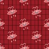 Cry eyes seamless simple doodle pattern. Naive design. Red chequered background. vector