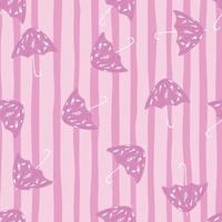 Random seamless pattern with with umbrella decoration elements. Lilac folk silhouettes on striped background. vector