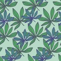 patrón de hoja de droga sin costura aleatoria. hojas de cannabis en colores verde y azul con fondo pastel claro. vector