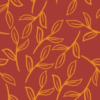 Random seamless pattern with hand drawn orange contoured leaves branches print. Red background. vector