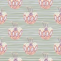 Bloom seamless abstract pattern with light pink folk flower bud ornament. Grey striped background. vector