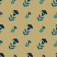 Nature botanic seamless pattern with navy blue flower folk silhouettes ornament. Beige background. vector