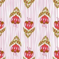 Vintage summer seamless pattern with botanic folk flowers silhouettes. Red elements on light striped background. vector