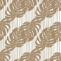 Pastel tones seamless beige monstera leaf pattern. Botanic ornament on light striped background. vector