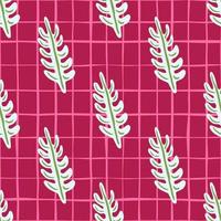Green and white colored leaf branches ornament seamless pattern. Pink chequered background. Bright print. vector