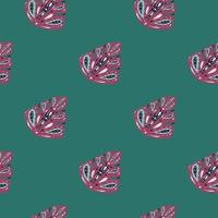 Dark pink abstract monstera foliage seamless pattern in doodle style. Turquoise background. Simple artwork. vector