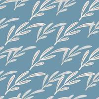 Nature foliage seamless pattern with white contoured minimalistic foliage shapes. Blue background. vector