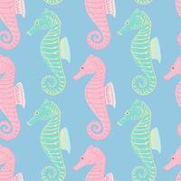 Hand drawn underwater animal seamless pattern with turquoise and pink colored seahorse print. Blue background. vector