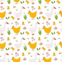 aves de granja - pollo y ganso en un lindo patrón vectorial sin costuras vector