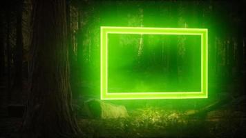 cadre rectangle lumineux au néon dans la forêt de nuit video