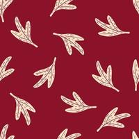 Minimalistic seamless doodle pattern with white leaves shapes. Minimalistic style. Red background. vector