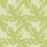 Simple monstera stylized print seamless pattern. Exotic palm foliage print with green outline ornament and grey striped background. vector