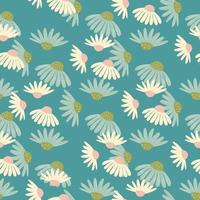 Decorative summer seamless pattern with random daisy flowers shapes. Turquoise bright background. vector