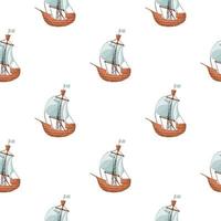 Isolated seamless pattern with blye and beige colored sailboat ship elements. White background. vector