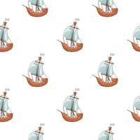 Isolated seamless pattern with blye and beige colored sailboat ship elements. White background. vector