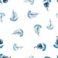 Blue sailboat seamless pattern. mast vessel with sails background. Pirate ship wallpaper. vector