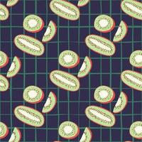 Organic kiwi abstract seamless doodle pattern in hand drawn style. Navy blue chequered background. vector