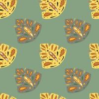 Yellow and grey creative folk monstera elements seamless pattern in doodle style. Turquoise background. vector