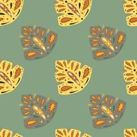 Yellow and grey creative folk monstera elements seamless pattern in doodle style. Turquoise background. vector