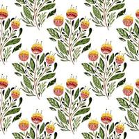 Isolated botanic nature seamless pattern with green leaves and orange flowers ethnic bouquet. White background.