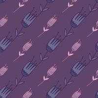 Doodle seamless pattern with outline violet and blue floral tulip silhouettes. Purple background. vector