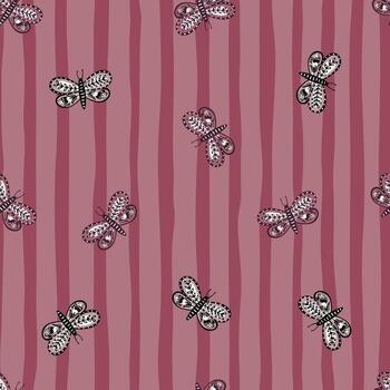 patrón sin costuras dibujado a mano con formas de mariposas botánicas aleatorias impresas. fondo rayado vector