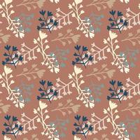 Branch abstract figures seamless pattern. Floral random ornament in brown brick color with beige and blue silhouettes. vector