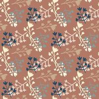 Branch abstract figures seamless pattern. Floral random ornament in brown brick color with beige and blue silhouettes. vector