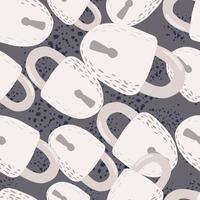 Simple random doodle seamless pattern with white lock shapes. Grey baackground with splashes. Creative door element print. vector