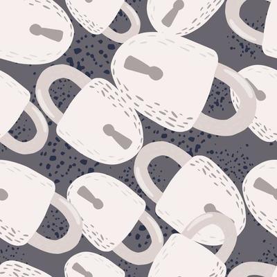Simple random doodle seamless pattern with white lock shapes. Grey baackground with splashes. Creative door element print.