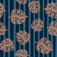 Seamless random pattern with simple beige monstera leaf silhouettes. Blue striped background. vector