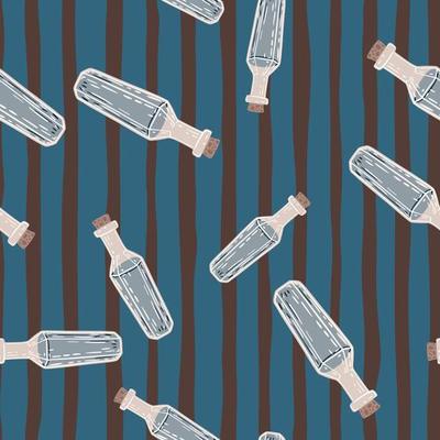 Seamless random pattern with fantasy vintage potion bottle shapes. Striped blue background.
