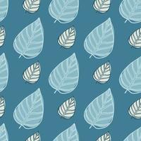 Seamless pattern with doodle leafs silhouettes. Simple botanic outline artwork in blue pastel palette. vector