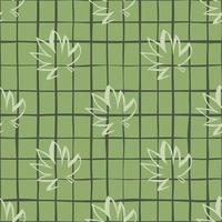 Seamless pattern with white outline cannabis leaves on green chequered background. vector