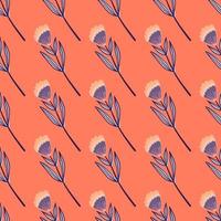Bright summer floral seamless pattern with folk flowers. Vintage print in blue tones with orange background. vector