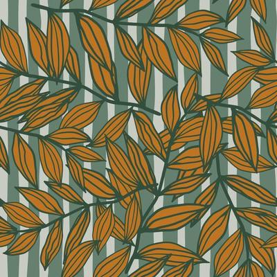 Leaves outline shapes autumn random seamless pattern. Blue stripped background with orange foliage elements.