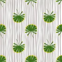 Seamless pattern with doodle green palm licuala shapes. Grey striped background. Tropic foliage print. vector