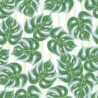 Isolated seamless pattern with green random monstera elements print. White background. Nature backdrop. vector