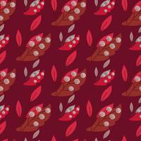 Nature seasonal seamless pattern with simple rowan berry print and maroon background. Bright backdrop. vector