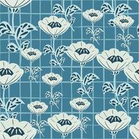 Random seamless pattern with white random folk flowers print. Blue checkuered background. Simple design. vector