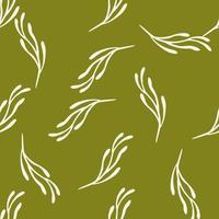 White random branches seamless doodle pattern in hand drawn style. Green olive background. Simple style. vector