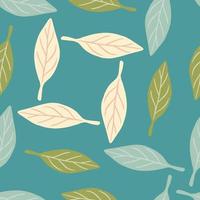 Organic seamless pattern with random pink, blue and green leaves elements. Turquoise background. Bright colors. vector