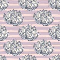 Contoured doodle lotus flower elements seamless pattern in simple style. Striped pink background. vector