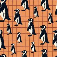 Decorative seamless pattern with random penguin elements print. Orange chequered background. Animal artwork. vector