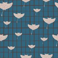 Grey random stingray hand drawn silouettes seamless pattern. Blue chequered background. vector