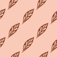 Minimalistic seamless pattern with brown geometric leaves shapes. Light pink background. vector