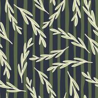 Random white herbal twigs shapes seamless pattern. Navy blue and green striped background. Doodle print. vector